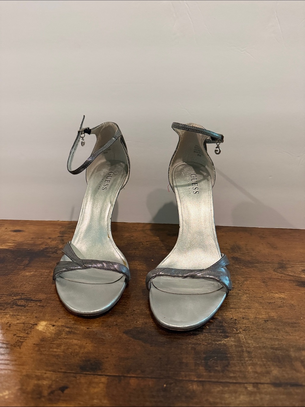 Guess Iridescent Metallic Open-Toe Ankle-Strap Heels